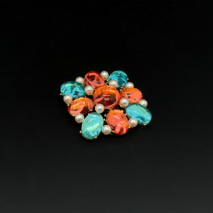 Vintage Art Deco Lapis Lazuli Pearl Gold-Plated Geometric Enamel Brooch