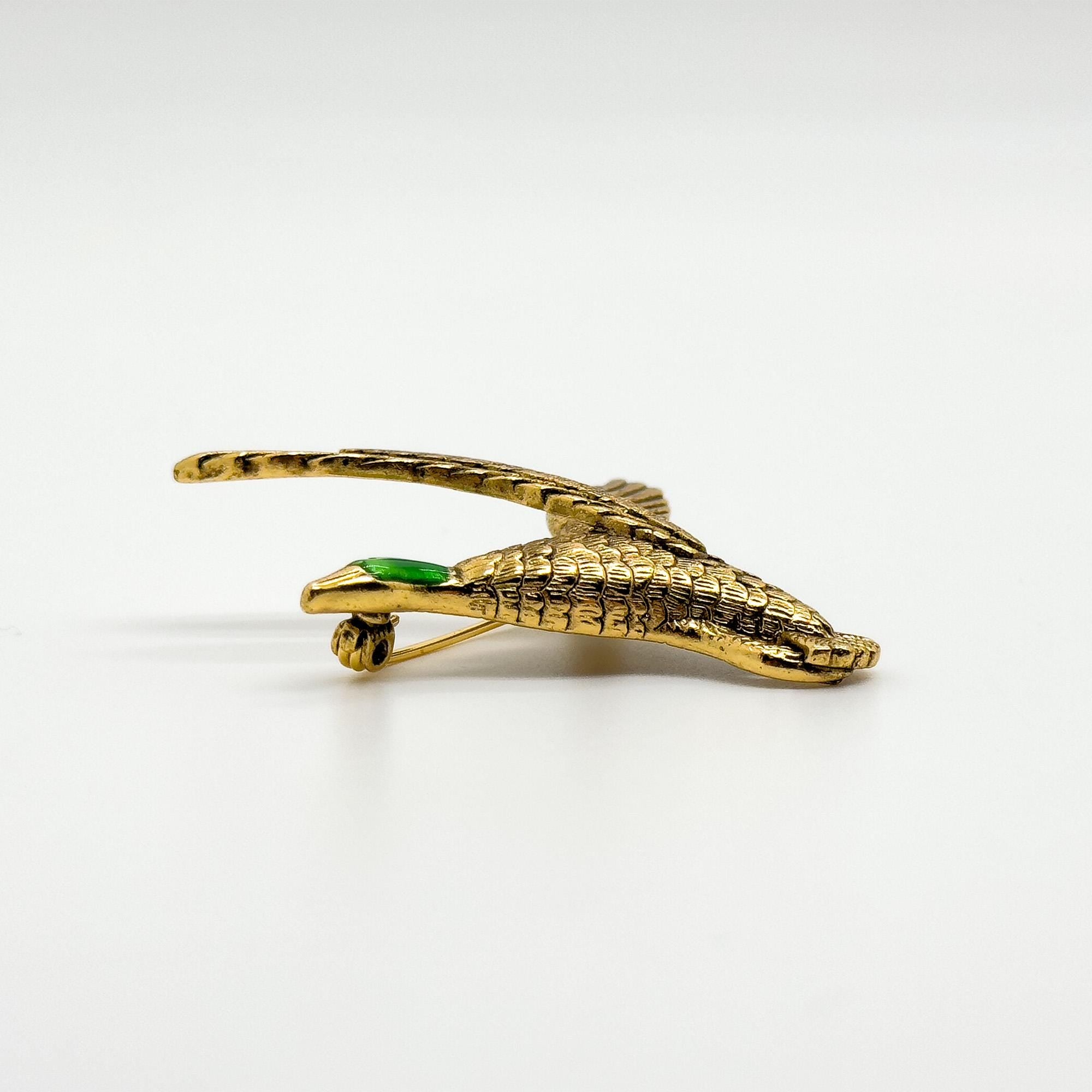 Vintage Art Deco Enamel Egret Brooch Copper 3D Seabird Pin