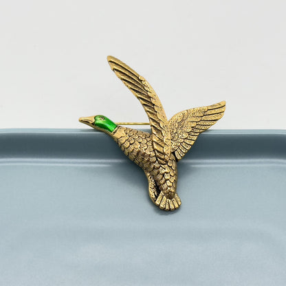 Vintage Art Deco Enamel Egret Brooch Copper 3D Seabird Pin