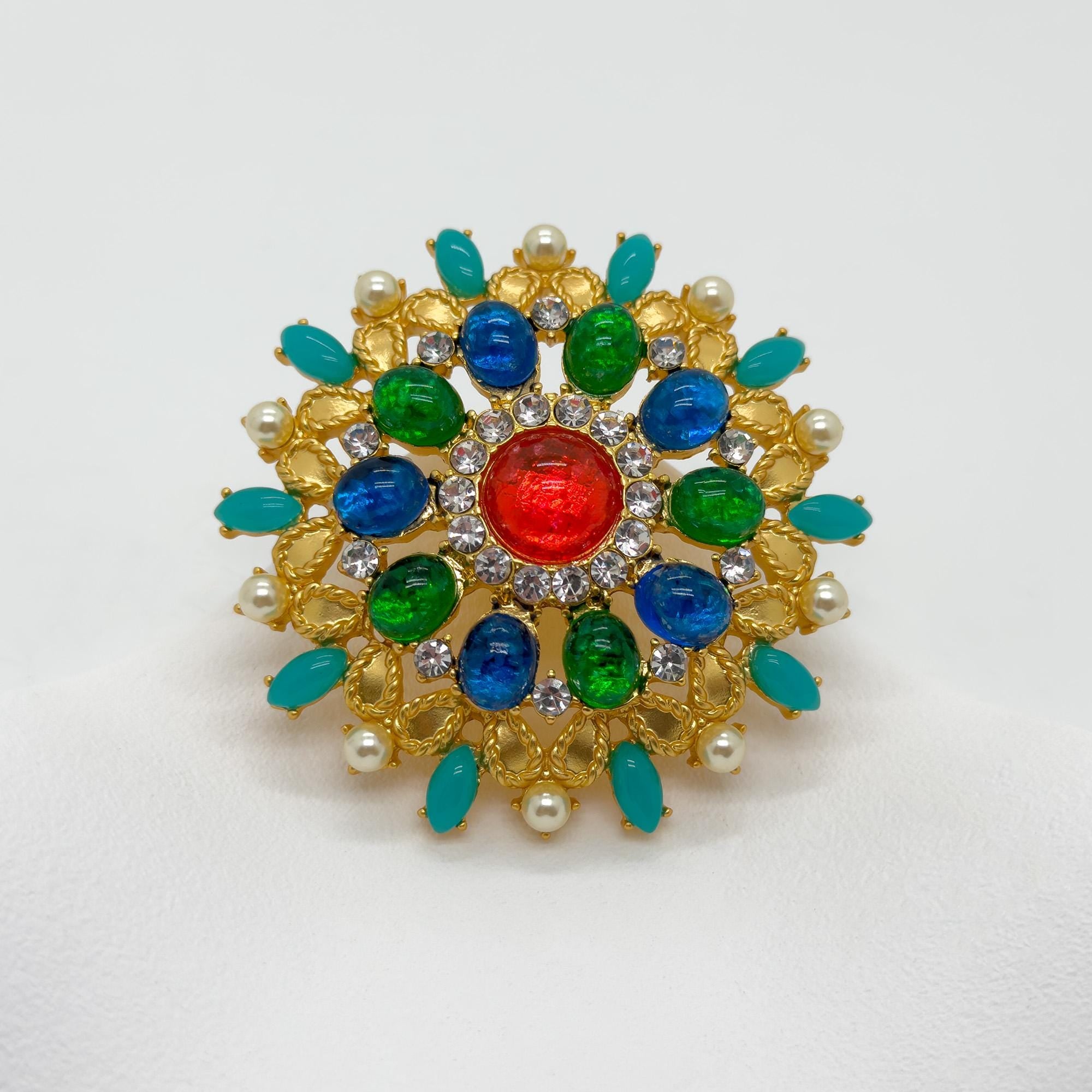 Vintage Art Deco Colour Glass Gemstone Floral Brooch 1960s Style