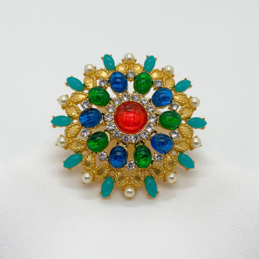 Vintage Art Deco Colour Glass Gemstone Floral Brooch 1960s Style