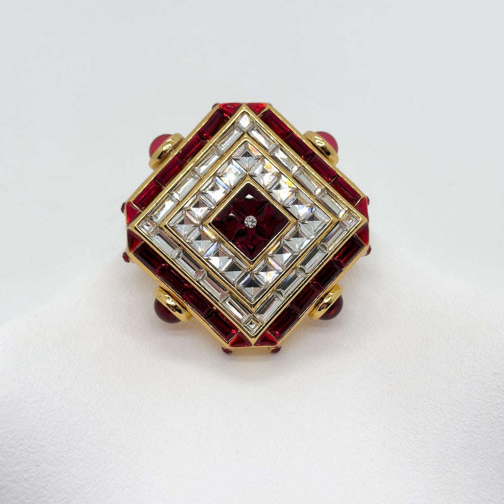 Vintage Art Deco Rhombus Glass Crystal Brooch Copper Backing