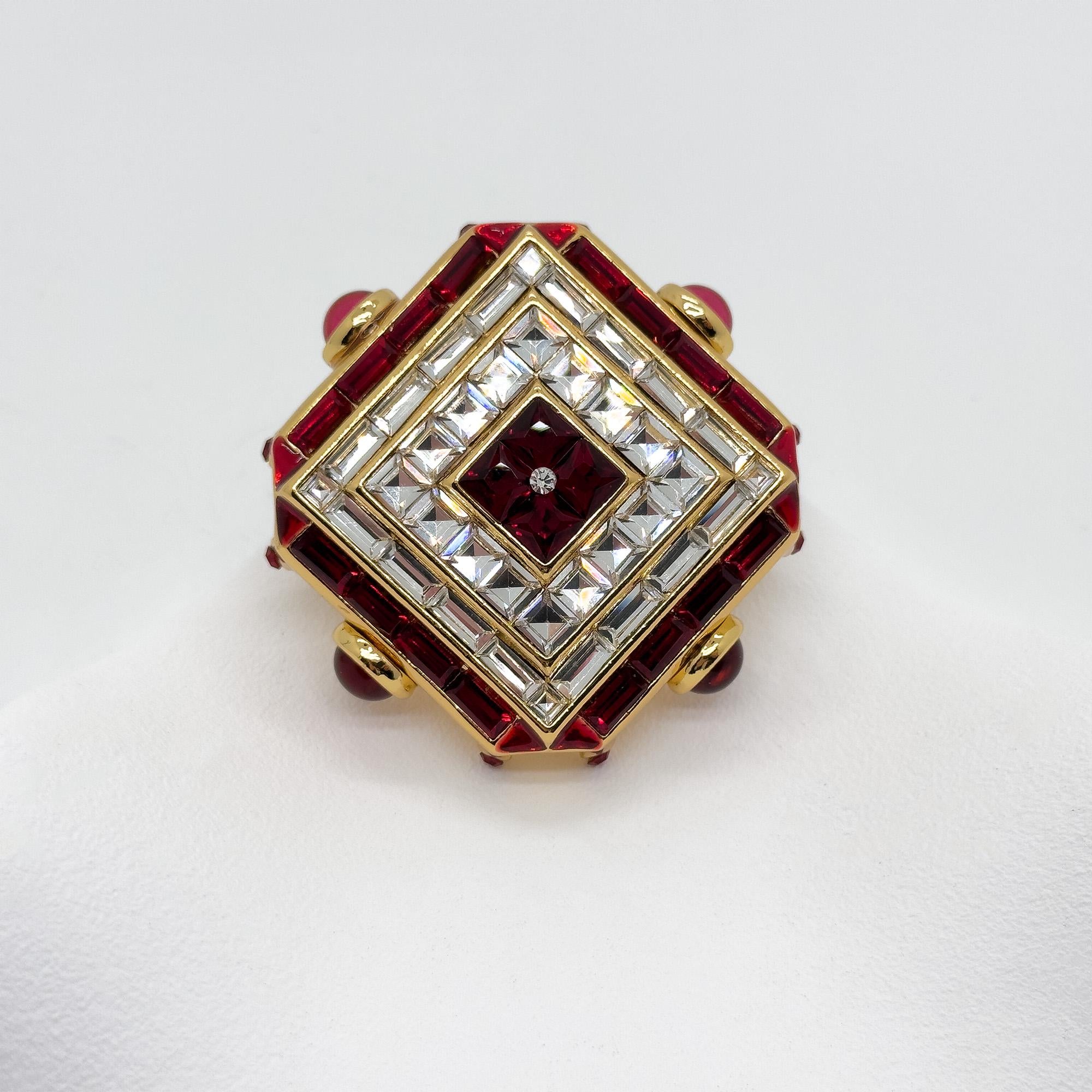 Vintage Art Deco Rhombus Glass Crystal Brooch Copper Backing