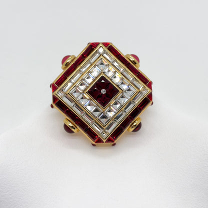 Vintage Art Deco Rhombus Glass Crystal Brooch Copper Backing