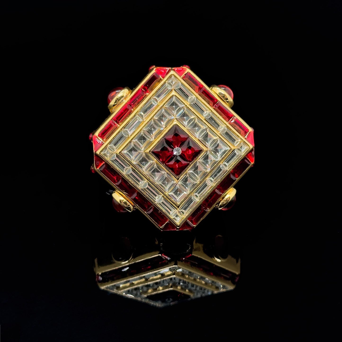 Vintage Art Deco Rhombus Glass Crystal Brooch Copper Backing