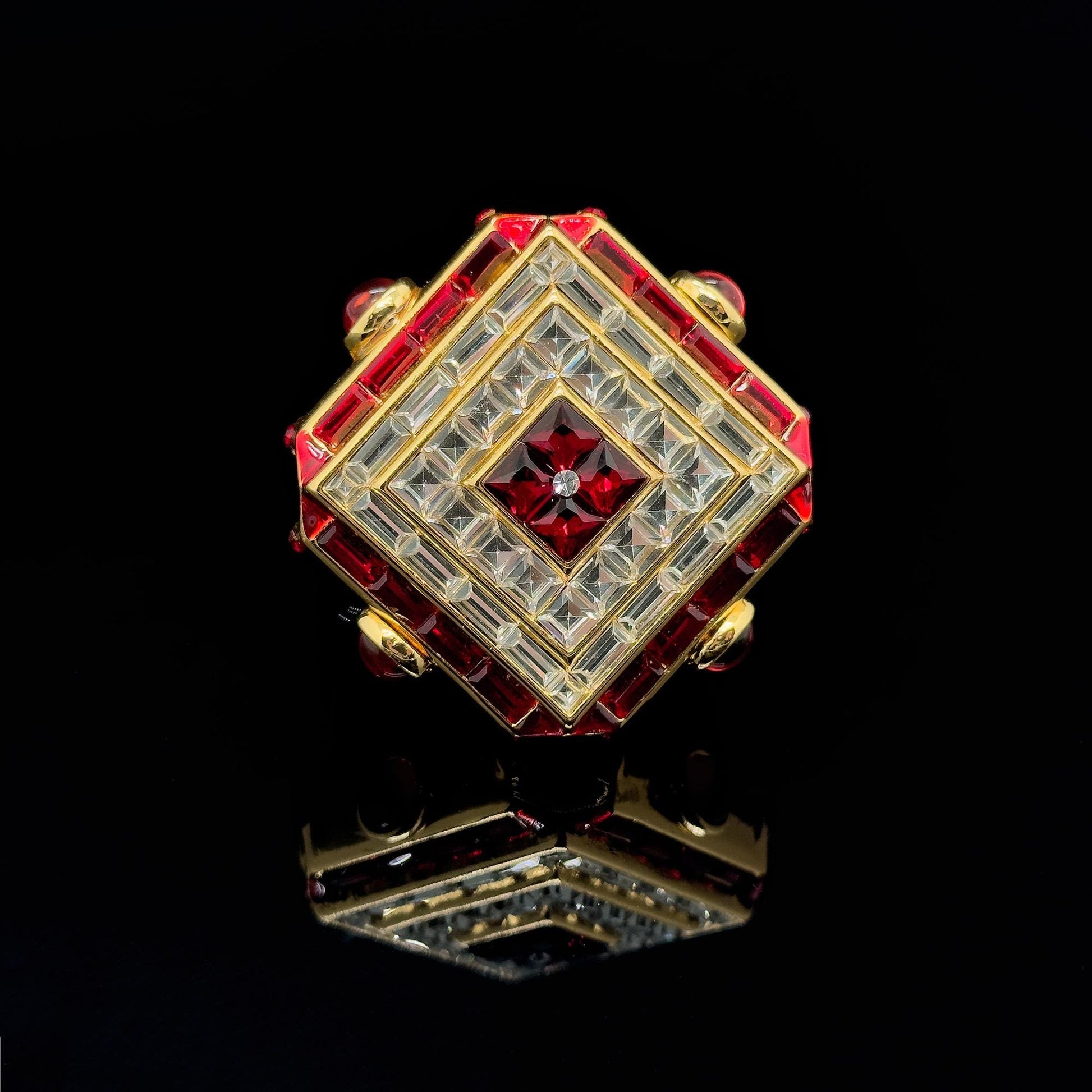 Vintage Art Deco Rhombus Glass Crystal Brooch Copper Backing