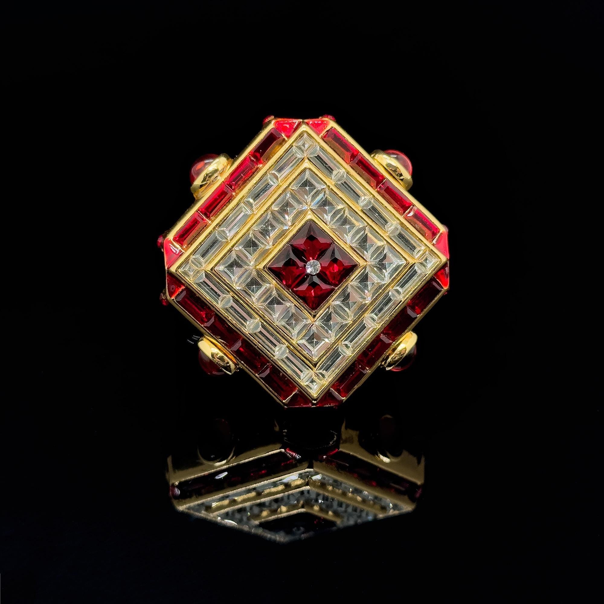 Vintage Art Deco Rhombus Glass Crystal Brooch Copper Backing