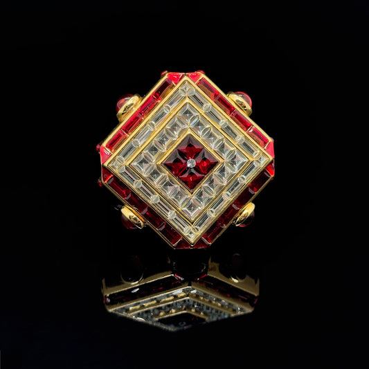 Vintage Art Deco Rhombus Glass Crystal Brooch Copper Backing