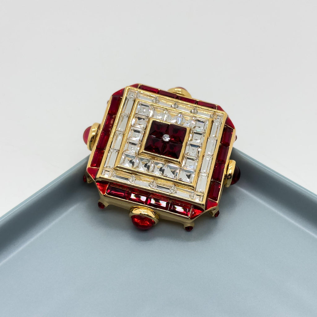 Vintage Art Deco Rhombus Glass Crystal Brooch Copper Backing