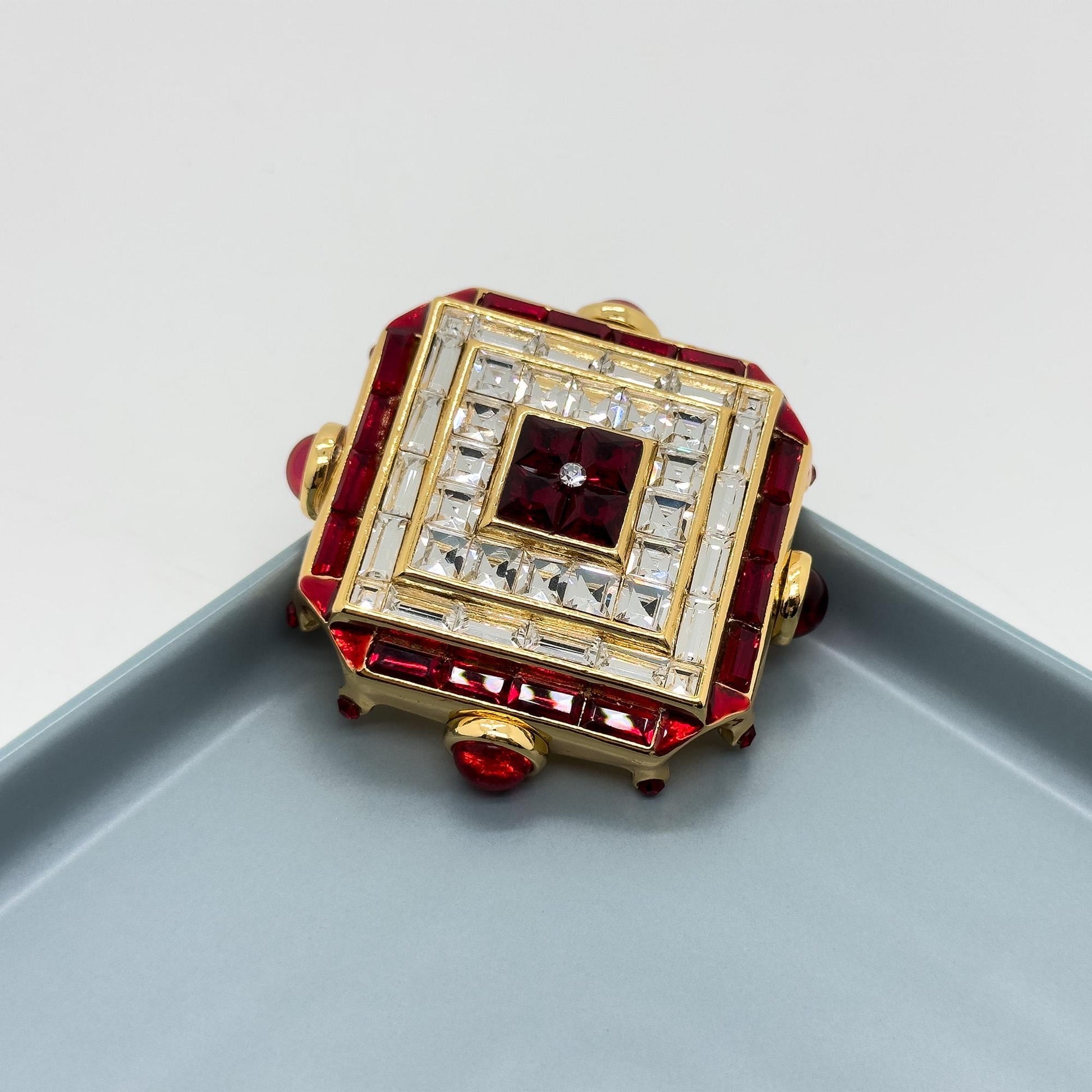 Vintage Art Deco Rhombus Glass Crystal Brooch Copper Backing