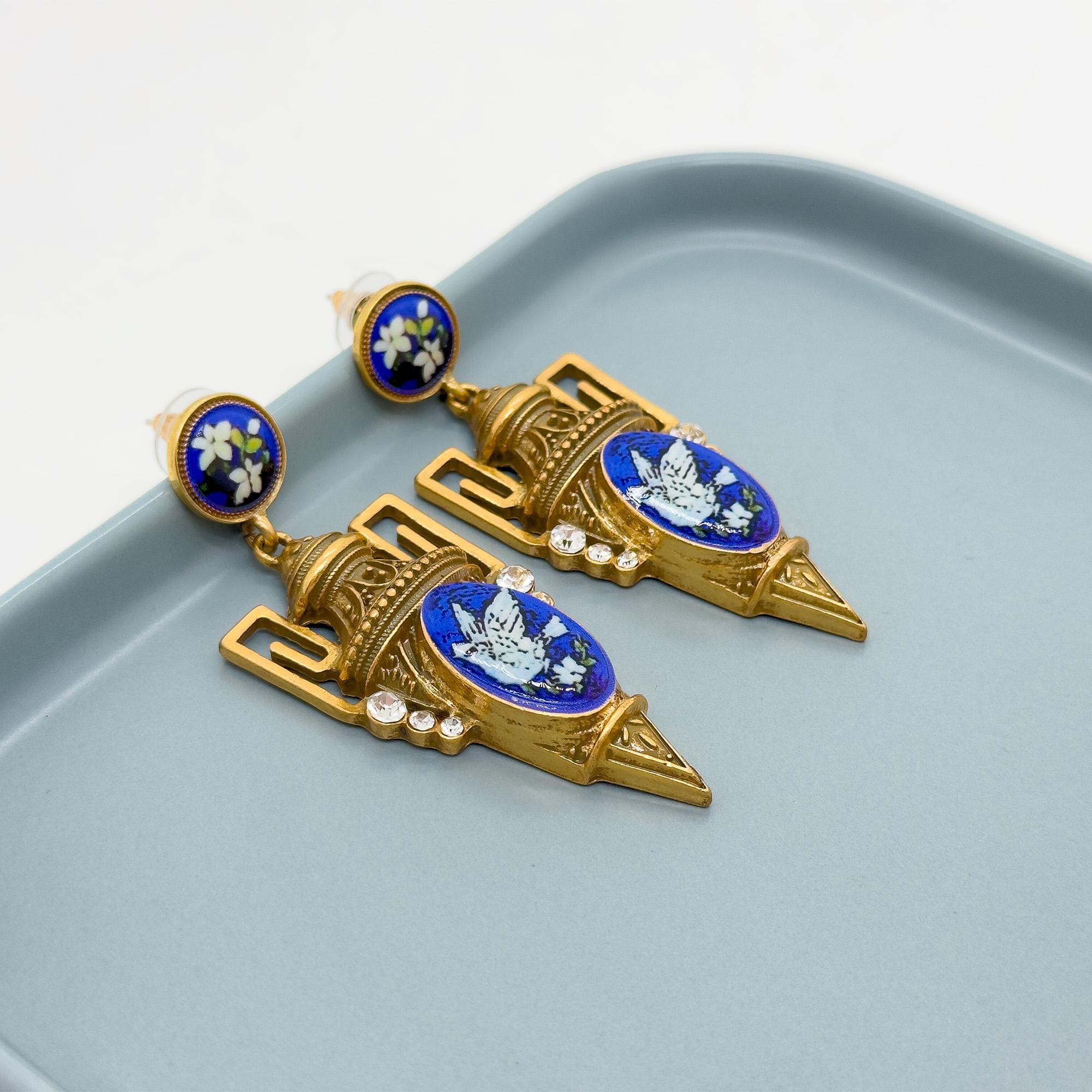 Vintage Art Deco Pigeon Drop Earrings Copper Enamel 925 Silver