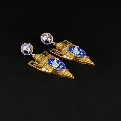 Vintage Art Deco Pigeon Drop Earrings Copper Enamel 925 Silver
