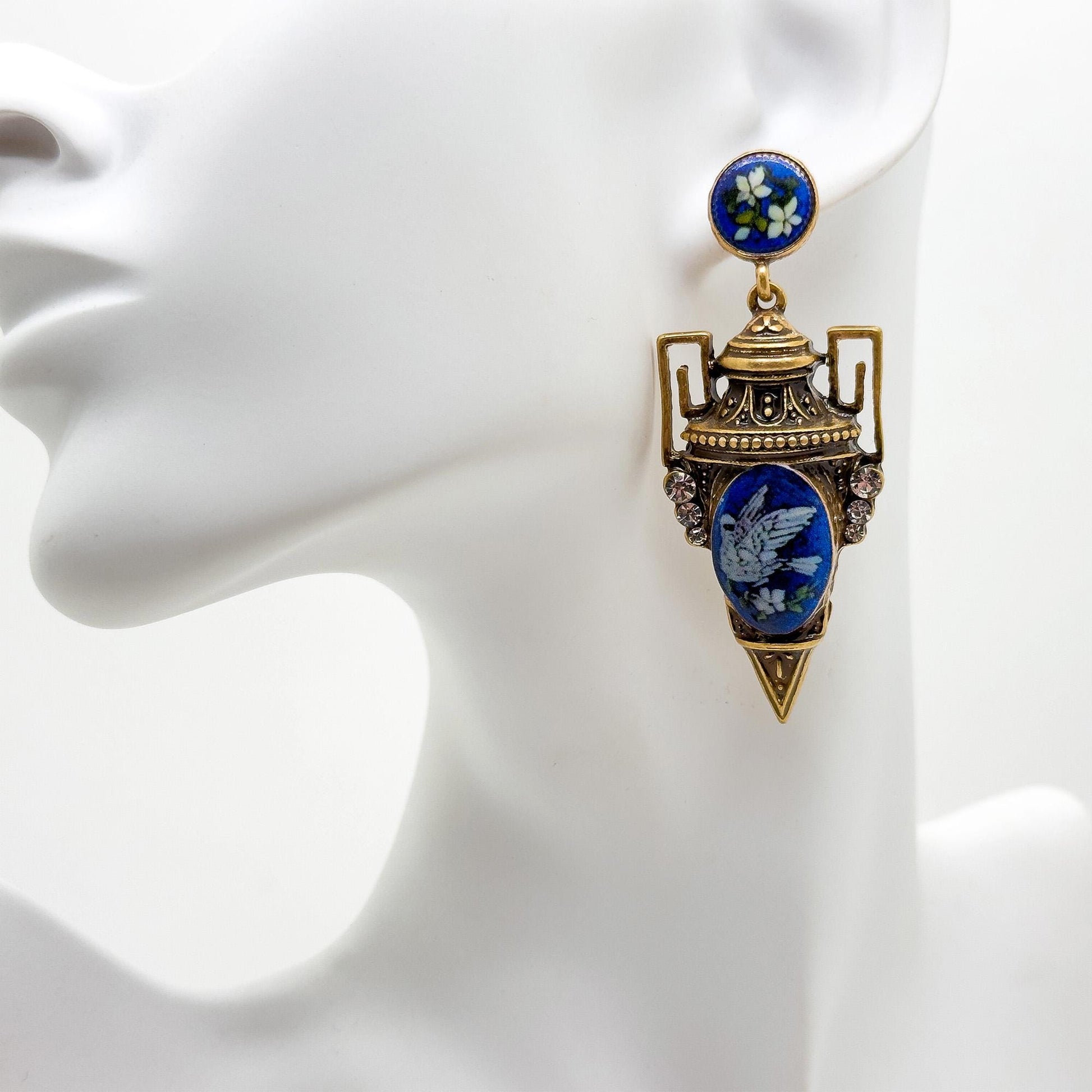 Vintage Art Deco Pigeon Drop Earrings Copper Enamel 925 Silver