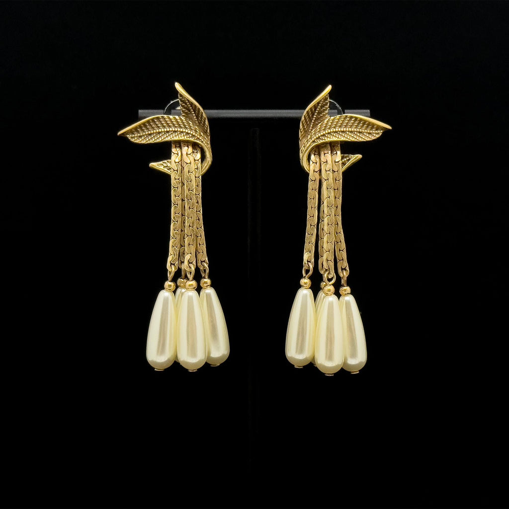 Vintage Art Deco Leaf Fringe Brooch and Dangle Earring Set