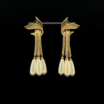 Vintage Art Deco Leaf Fringe Brooch and Dangle Earring Set