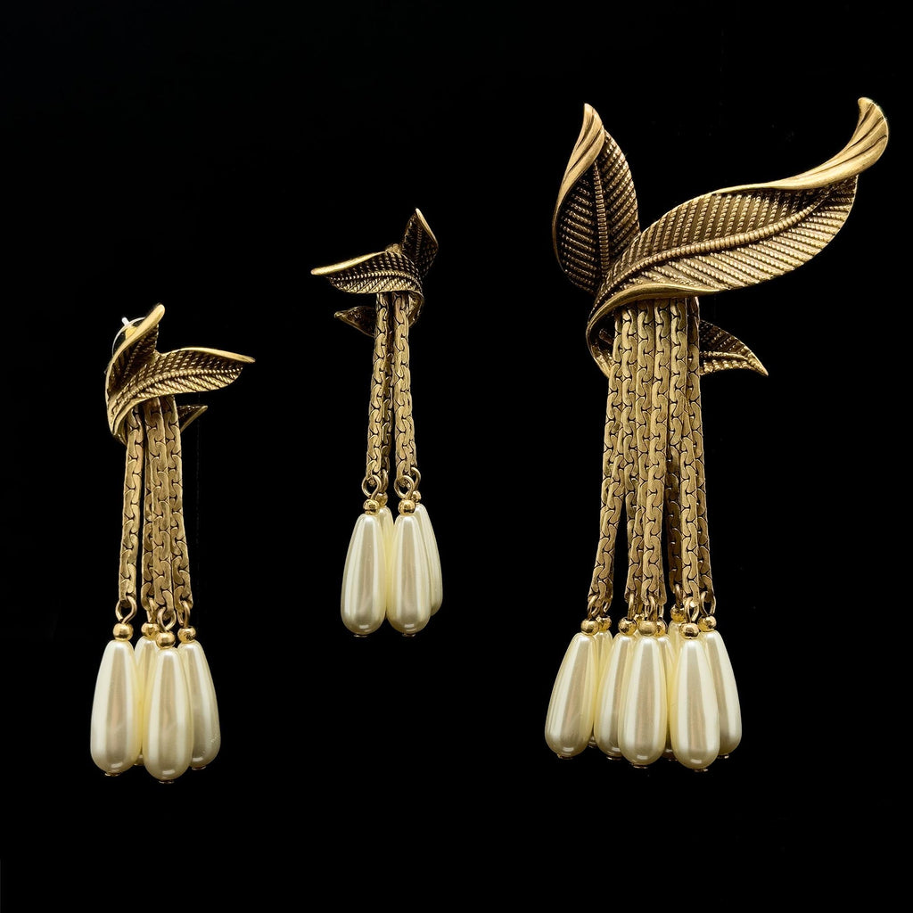 Vintage Art Deco Leaf Fringe Brooch and Dangle Earring Set