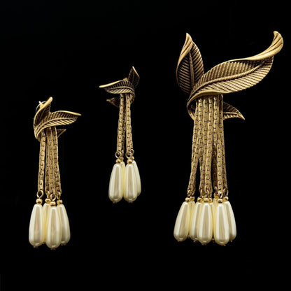Vintage Art Deco Leaf Fringe Brooch and Dangle Earring Set