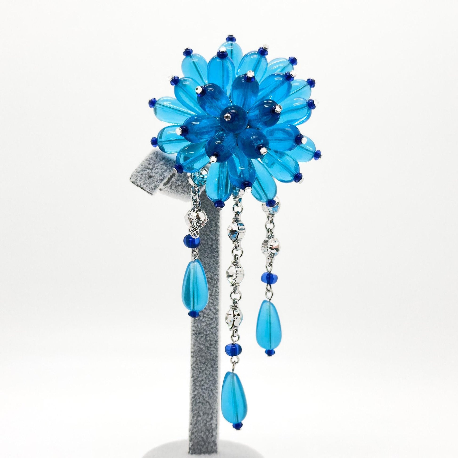 Vintage Art Deco Lapis Lazuli Enamel Flower Tassel Brooch