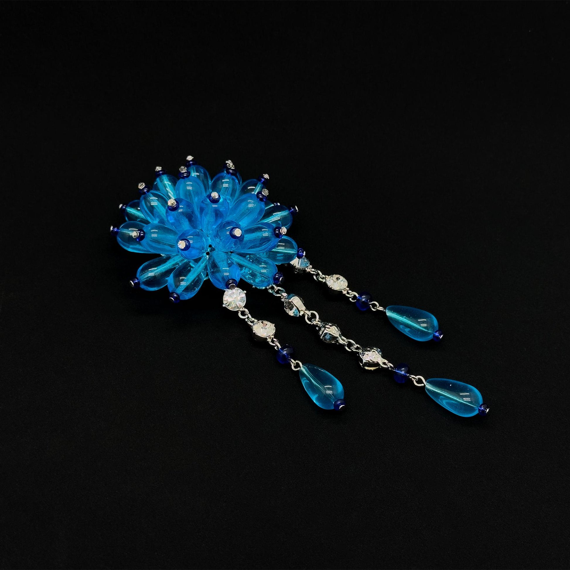 Vintage Art Deco Lapis Lazuli Enamel Flower Tassel Brooch