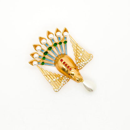 Vintage Art Deco Peacock Brooch with Rhinestones Pearls Brass