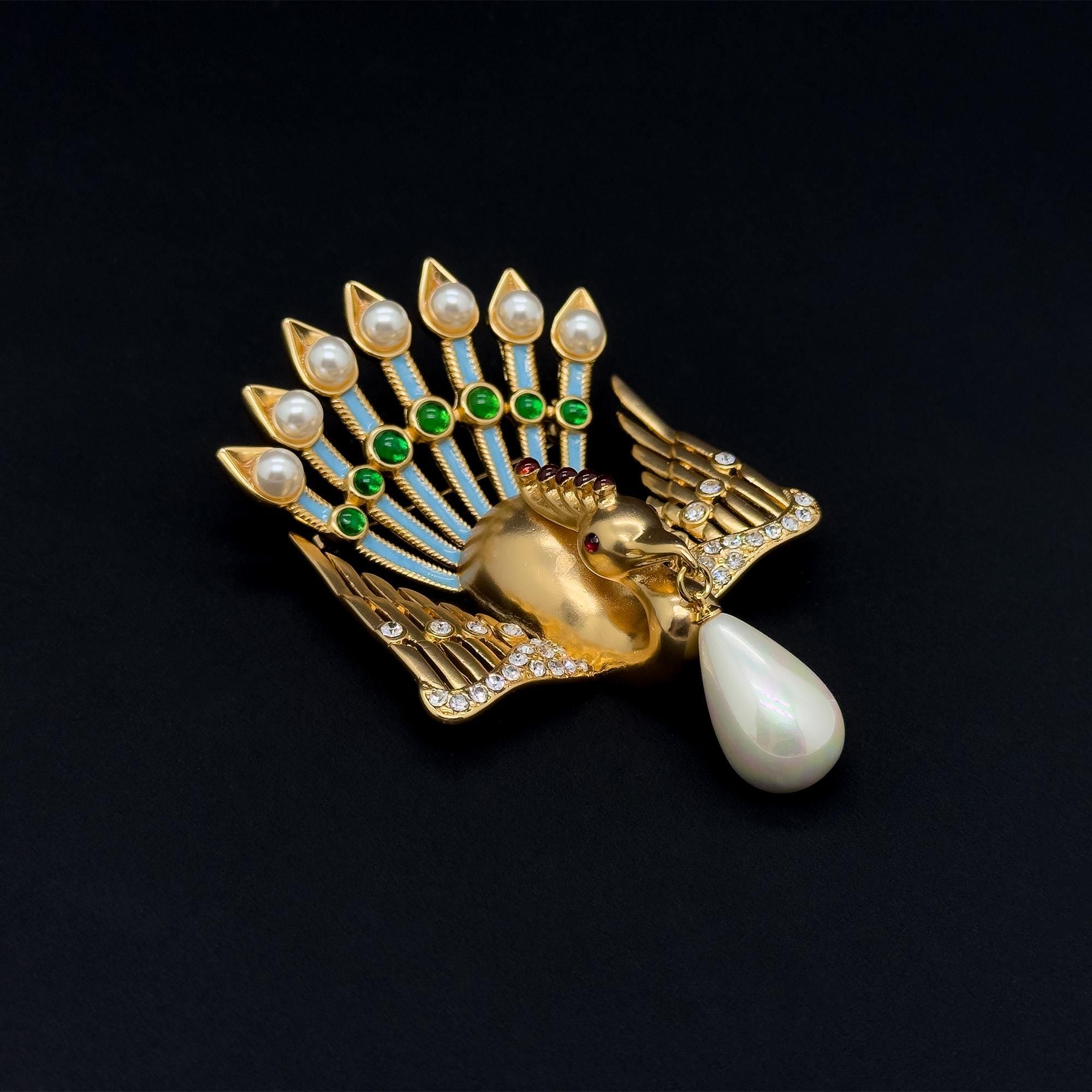 Vintage Art Deco Peacock Brooch with Rhinestones Pearls Brass