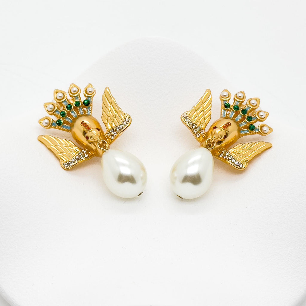 Vintage Art Deco Peacock Brooch with Rhinestones Pearls Brass