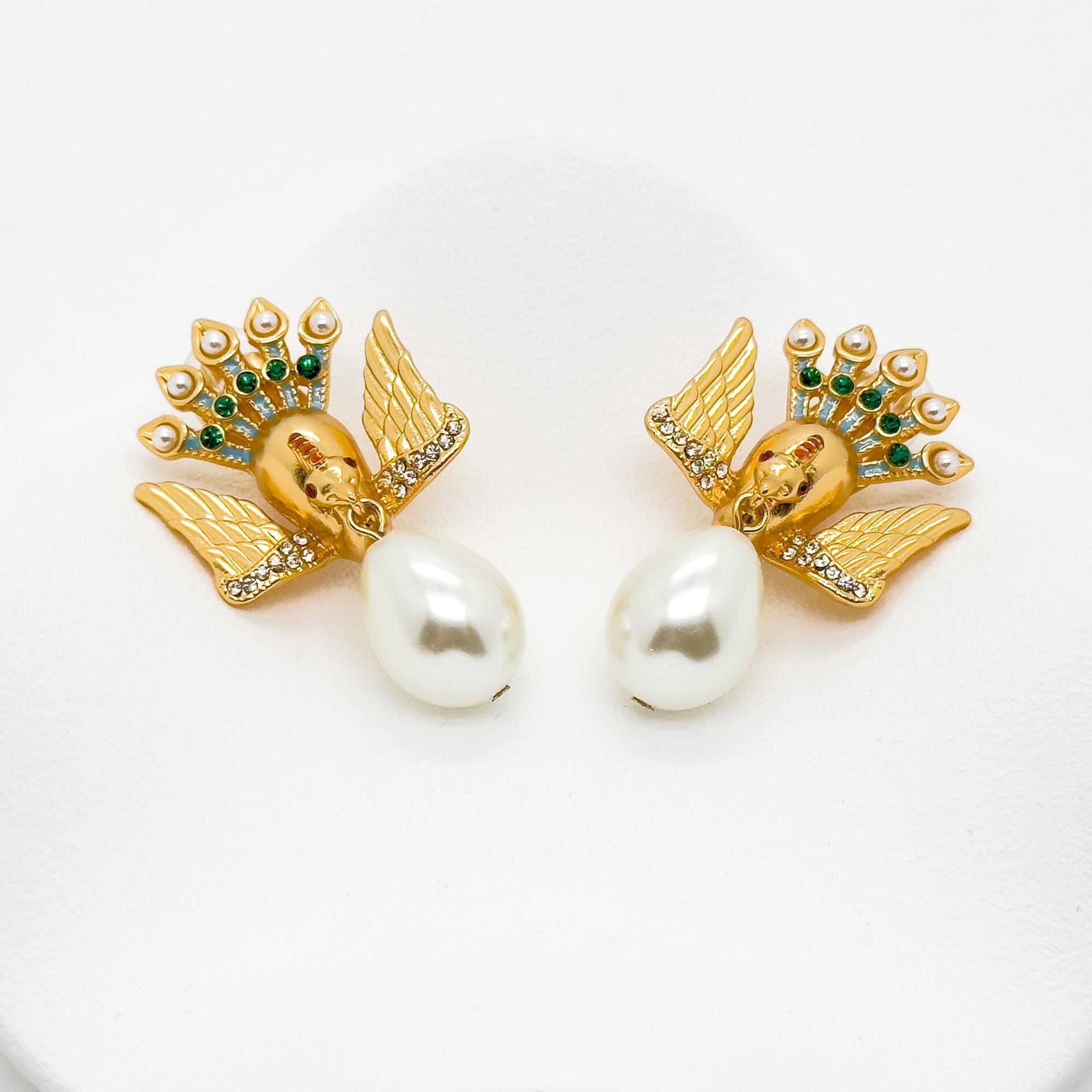 Vintage Art Deco Peacock Brooch with Rhinestones Pearls Brass