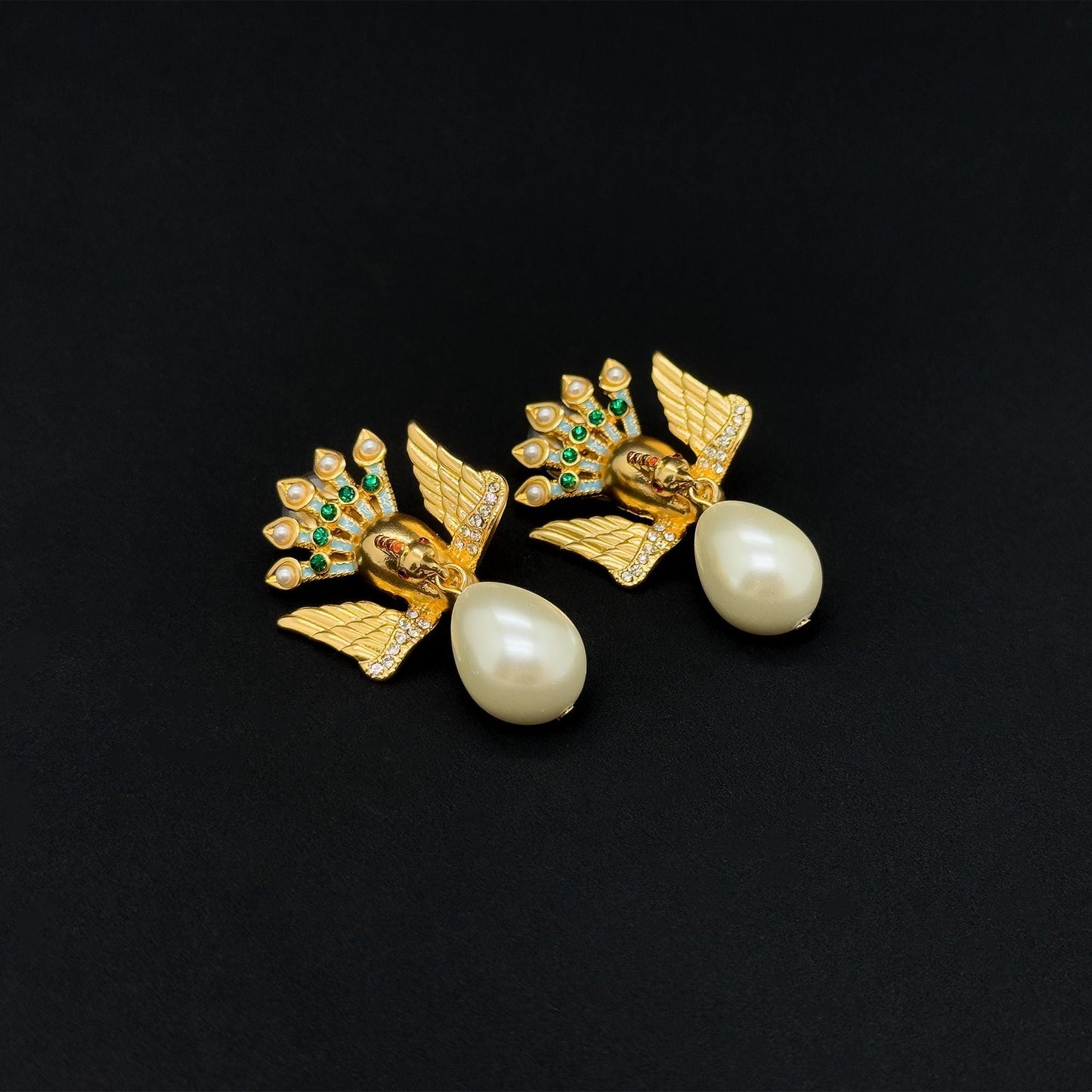 Vintage Art Deco Peacock Brooch with Rhinestones Pearls Brass