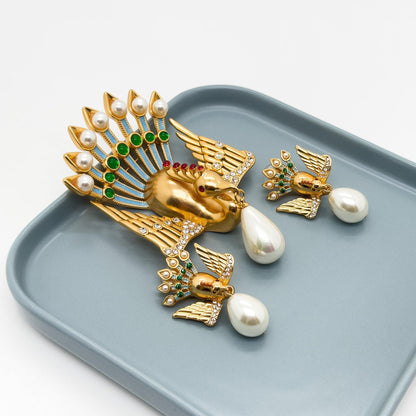 Vintage Art Deco Peacock Brooch with Rhinestones Pearls Brass