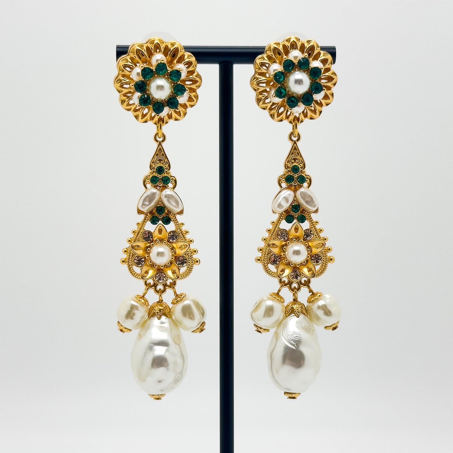 Art Deco Pearl Drop Crystal Sunflower Gold-Plated Statement Earrings