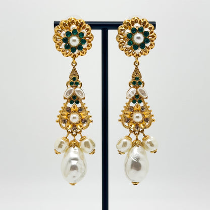 Art Deco Pearl Drop Crystal Sunflower Gold-Plated Statement Earrings