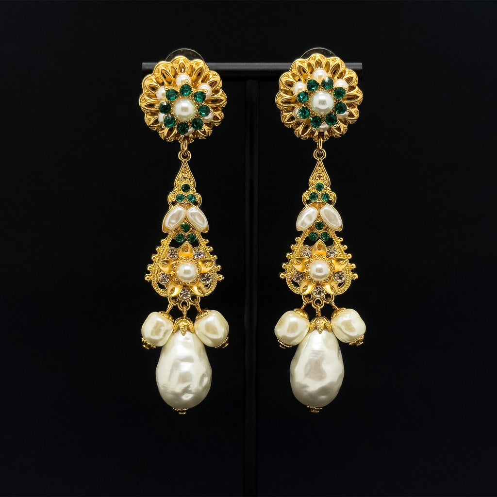 Art Deco Pearl Drop Crystal Sunflower Gold-Plated Statement Earrings