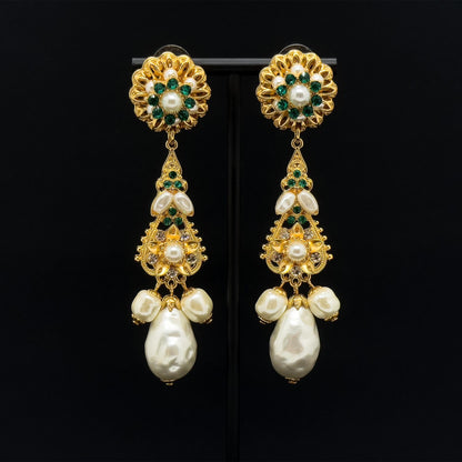 Art Deco Pearl Drop Crystal Sunflower Gold-Plated Statement Earrings
