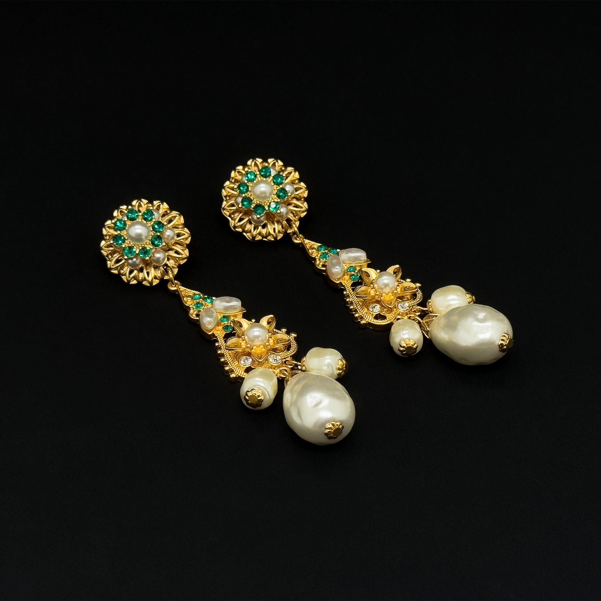 Art Deco Pearl Drop Crystal Sunflower Gold-Plated Statement Earrings