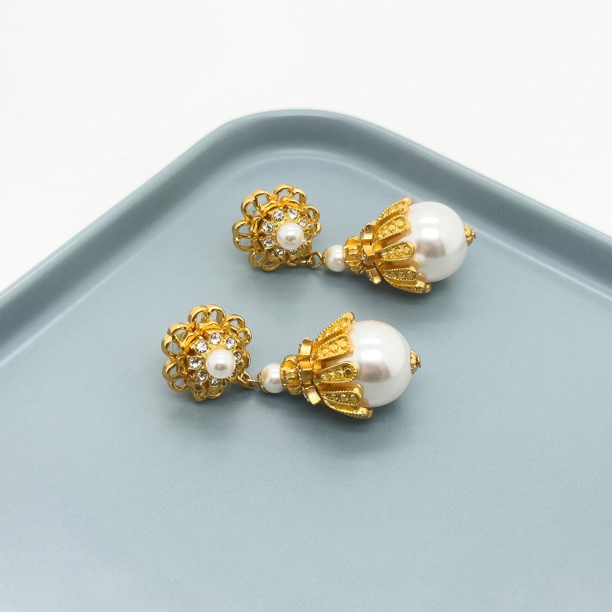 Art Deco Pearl Drop Earrings Gold-Plated Copper Sterling Hooks