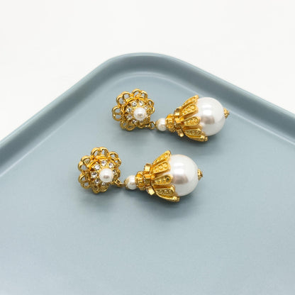 Art Deco Pearl Drop Earrings Gold-Plated Copper Sterling Hooks