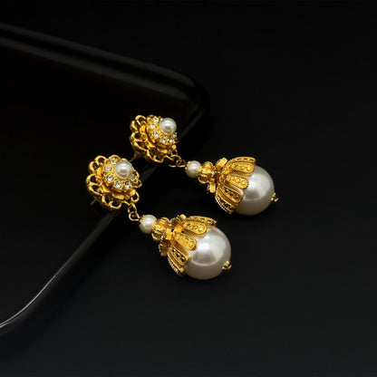 Art Deco Pearl Drop Earrings Gold-Plated Copper Sterling Hooks