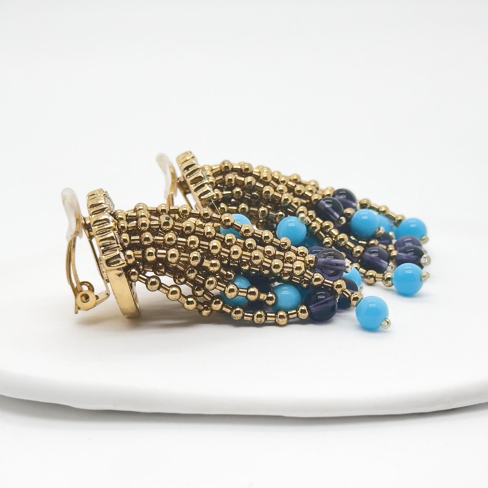 Vintage Art Deco Stone Tassel Dangle Earrings Gold-Plated