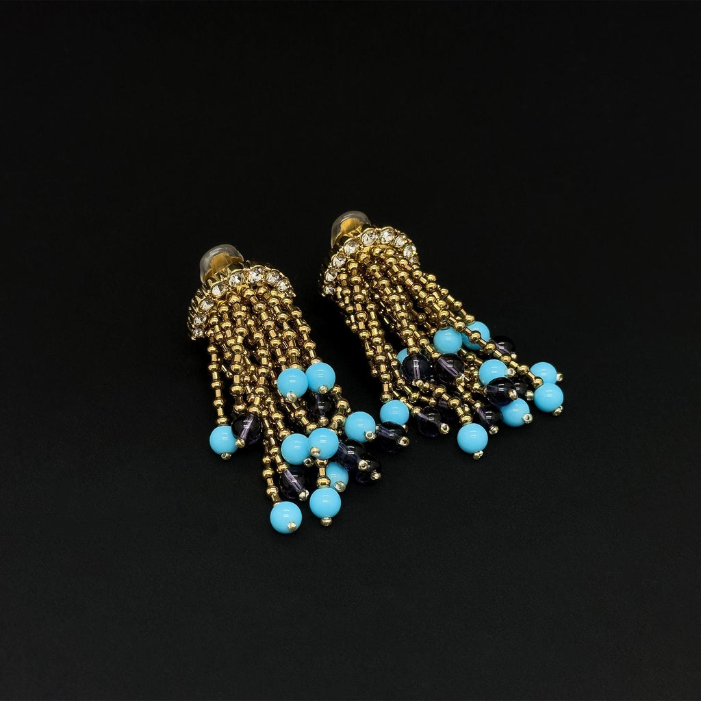 Vintage Art Deco Stone Tassel Dangle Earrings Gold-Plated
