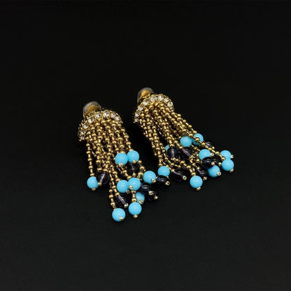 Vintage Art Deco Stone Tassel Dangle Earrings Gold-Plated