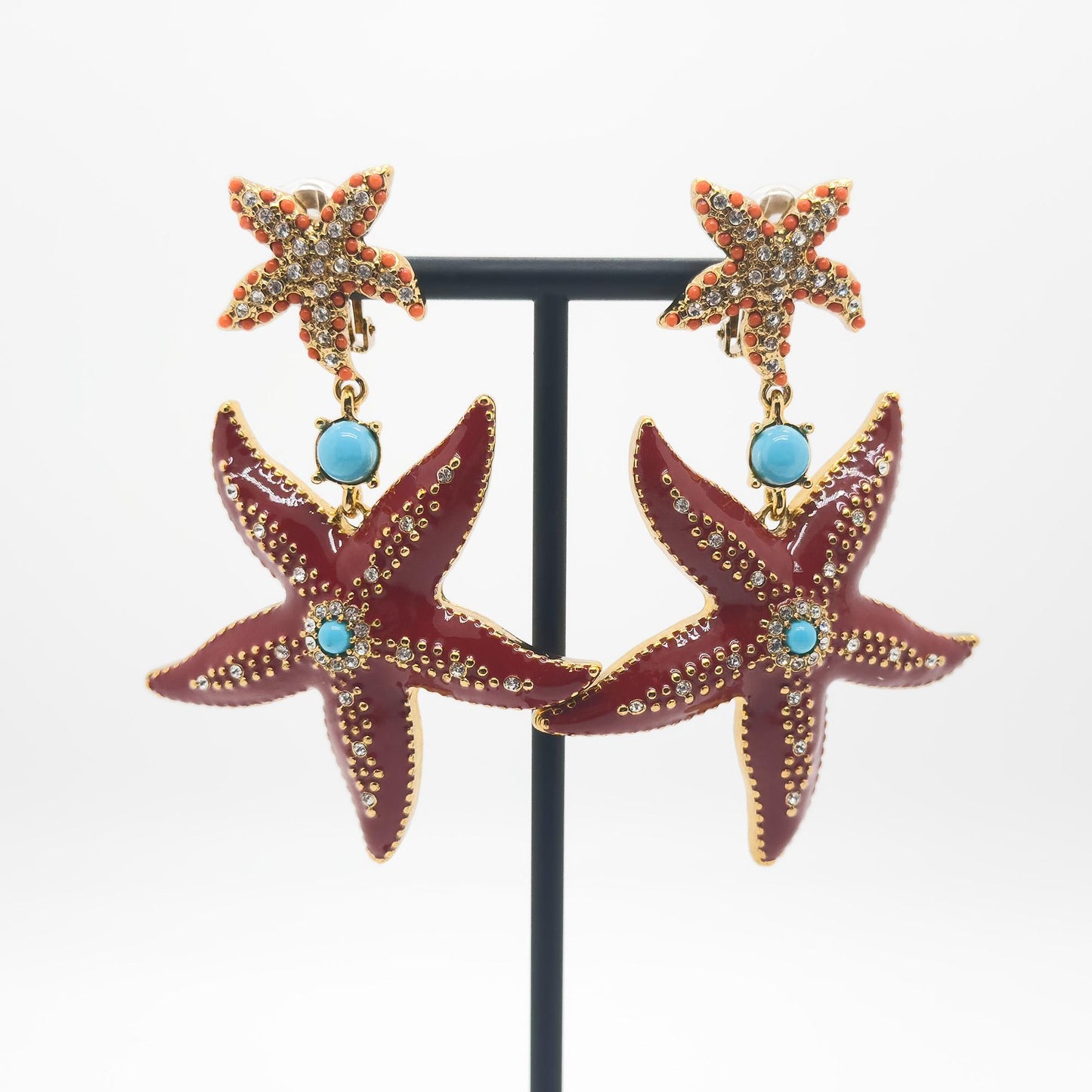 Art Deco Enamel Starfish Drop Earrings with Gemstone Copper