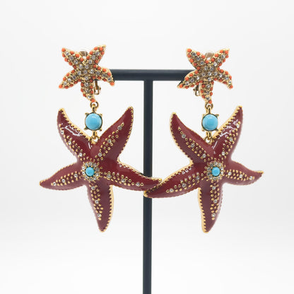 Art Deco Enamel Starfish Drop Earrings with Gemstone Copper
