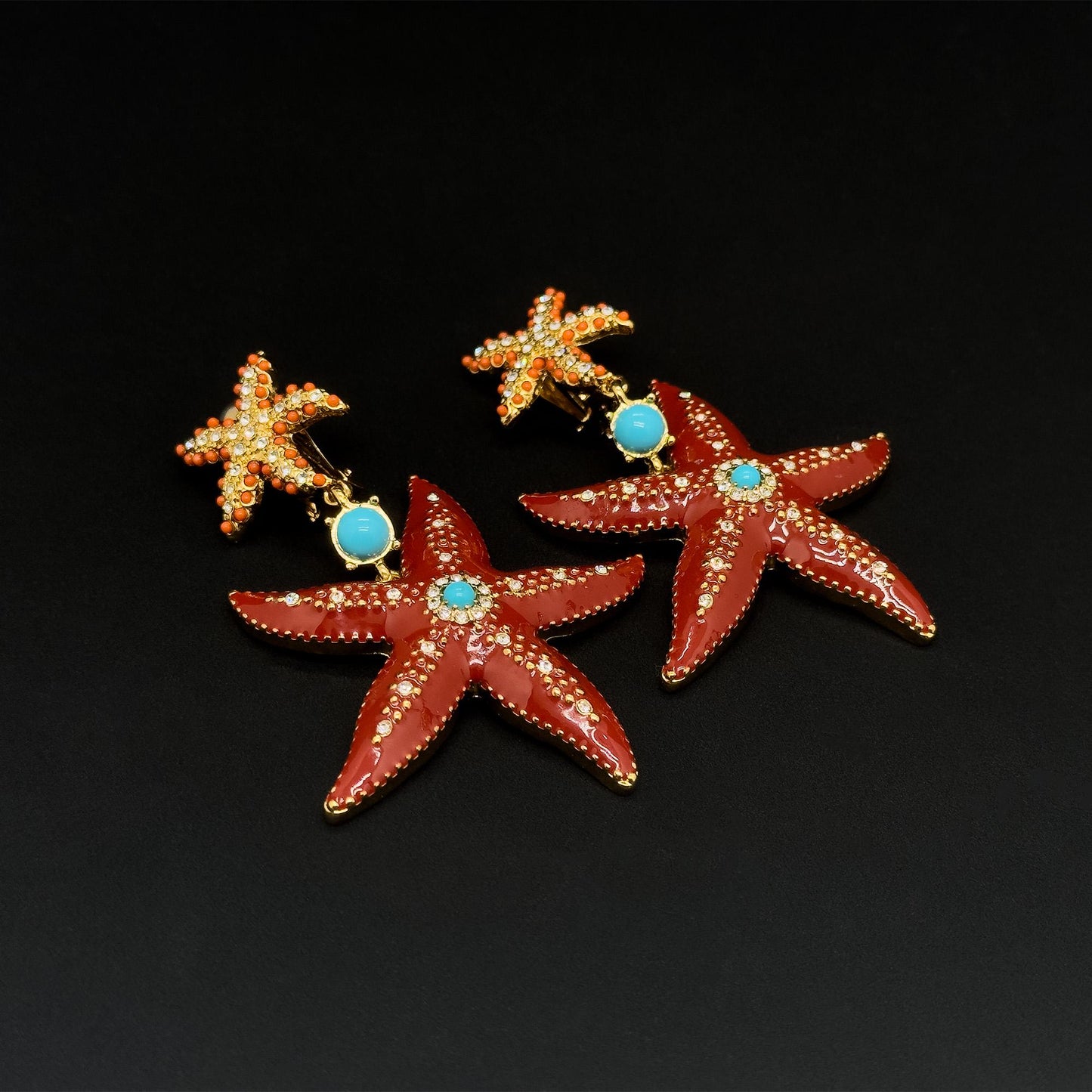 Art Deco Enamel Starfish Drop Earrings with Gemstone Copper