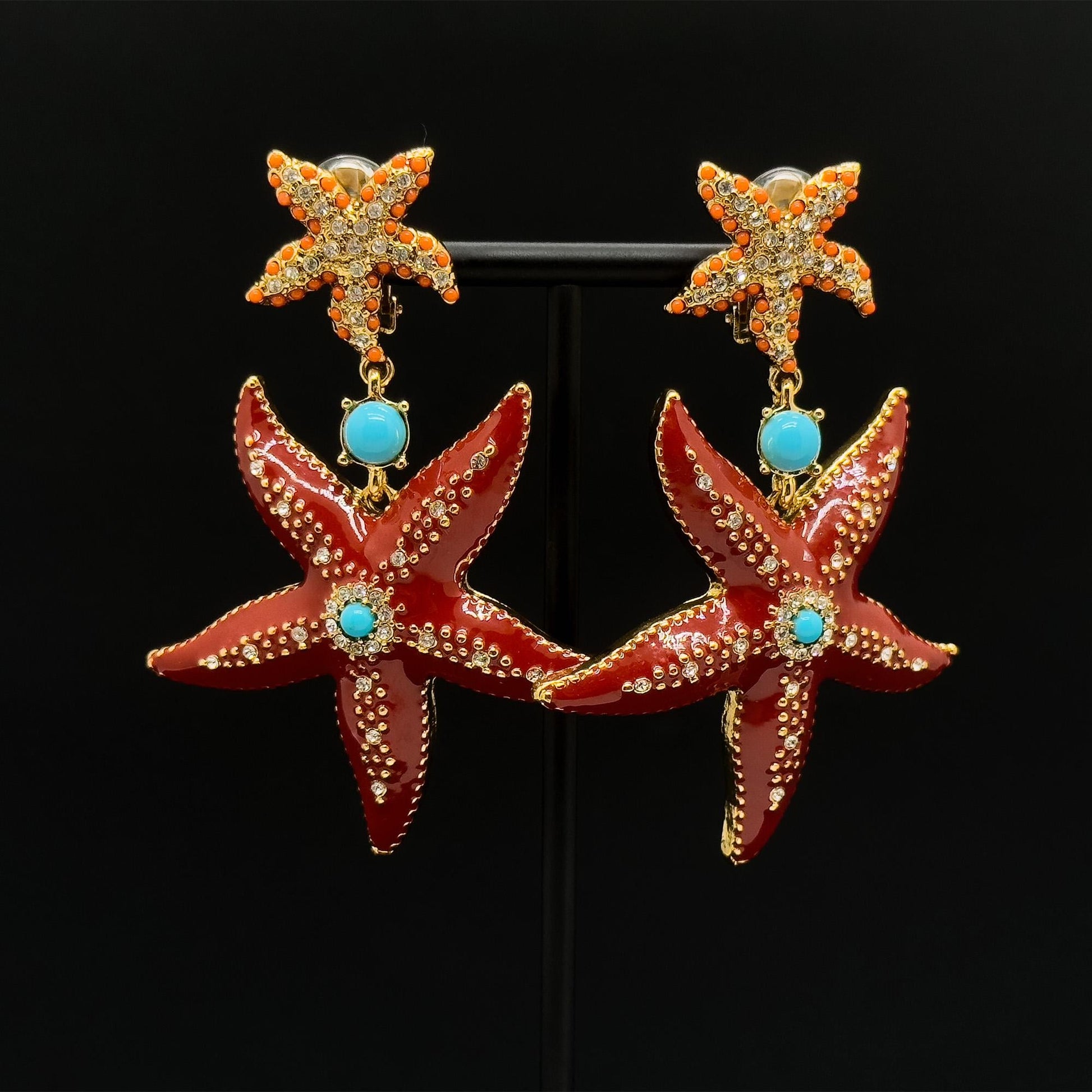 Art Deco Enamel Starfish Drop Earrings with Gemstone Copper