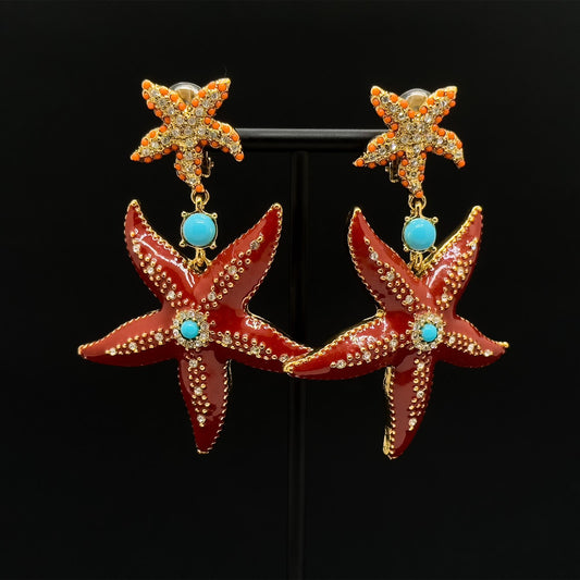 Art Deco Enamel Starfish Drop Earrings with Gemstone Copper