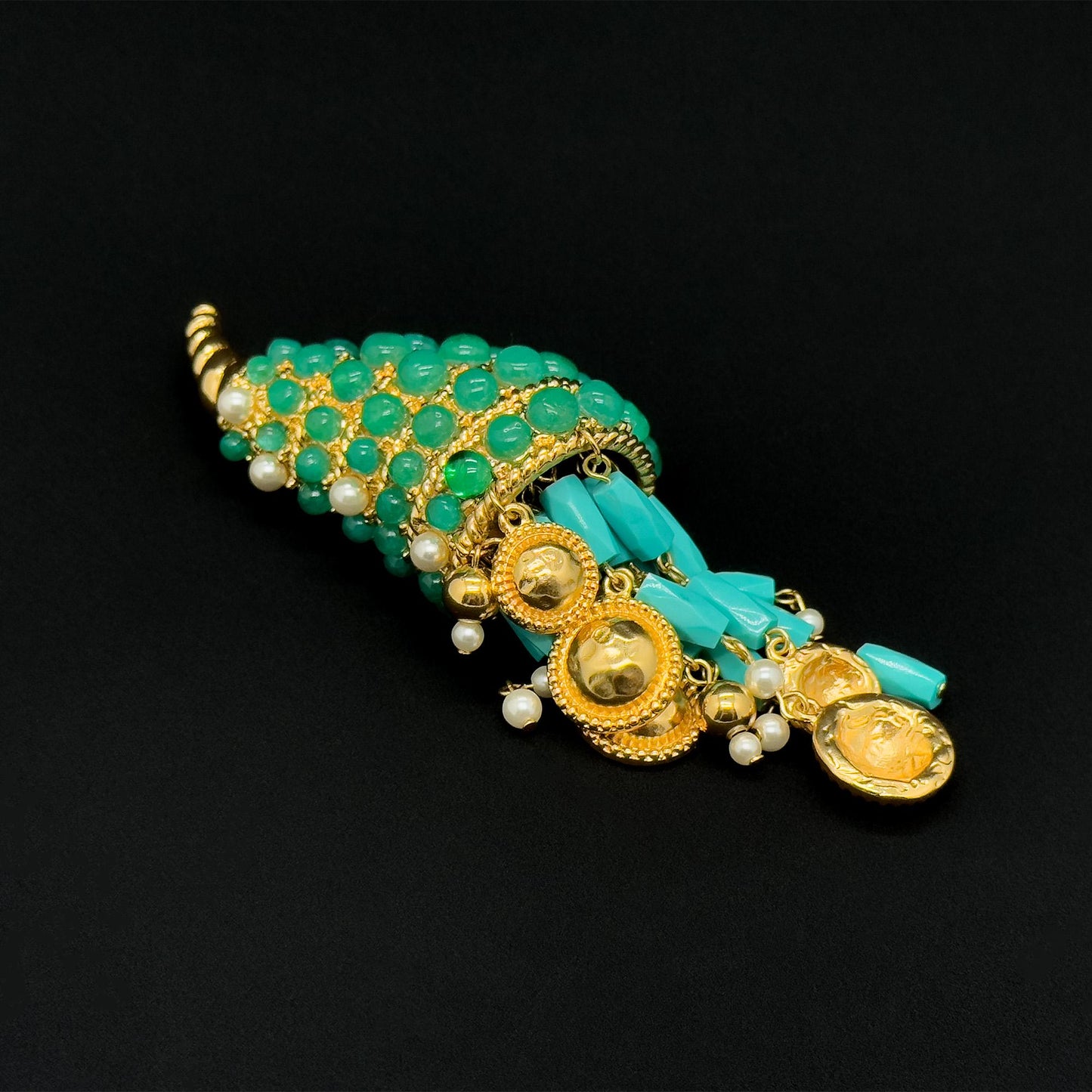 Vintage Art Deco Conch Shell Brooch 18K Gold-Plated Pearl Fringe