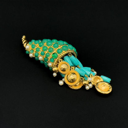 Vintage Art Deco Conch Shell Brooch 18K Gold-Plated Pearl Fringe