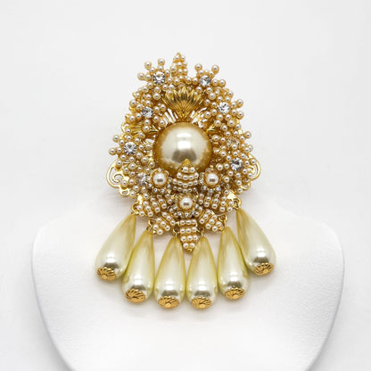 Vintage Art Deco Pearl Beaded Gold-Plated Statement Overcoat Brooch