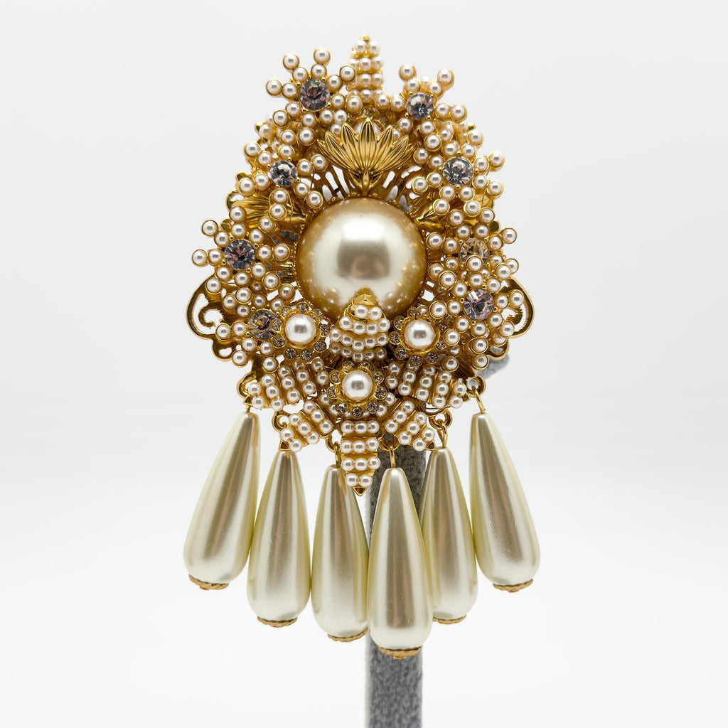 Vintage Art Deco Pearl Beaded Gold-Plated Statement Overcoat Brooch