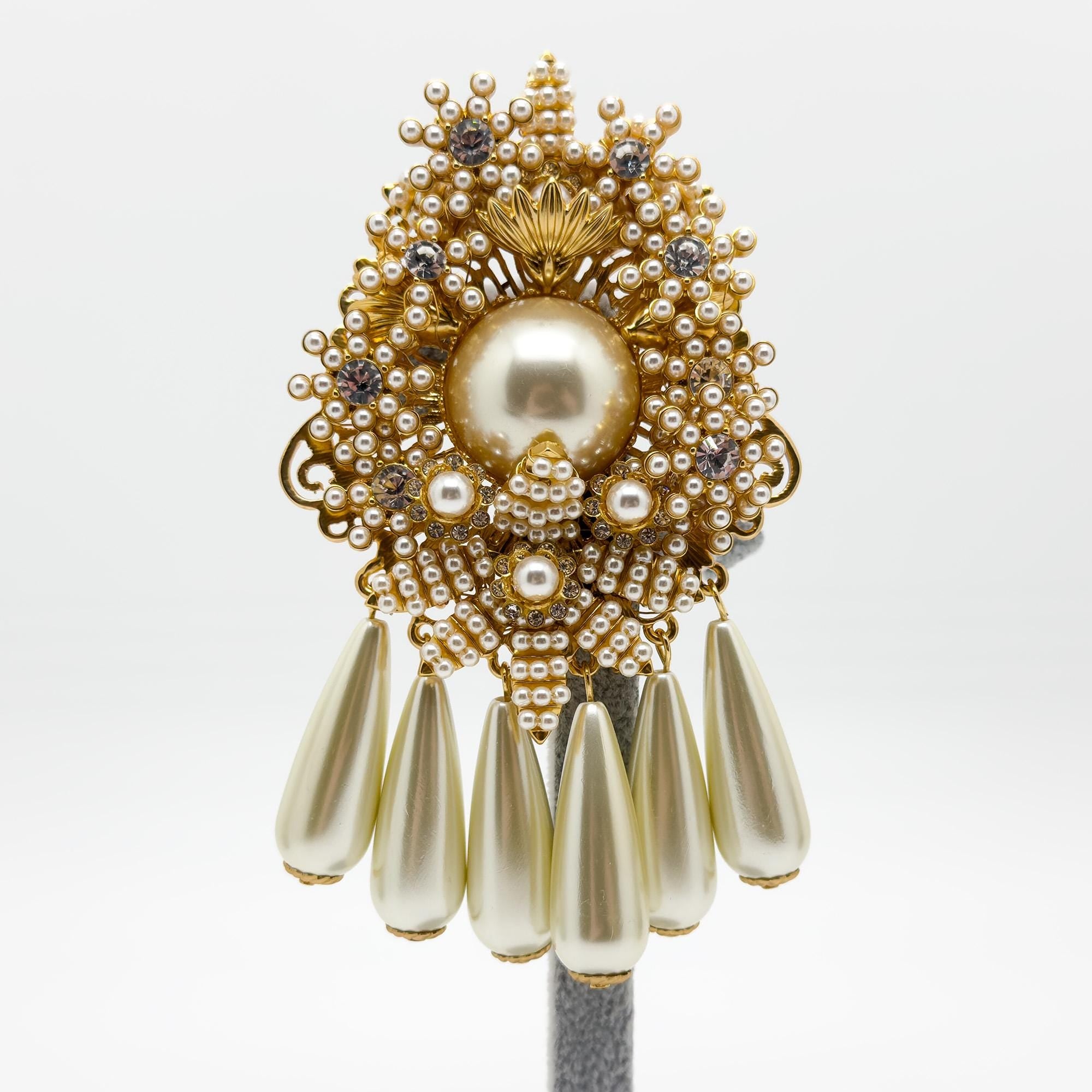 Vintage Art Deco Pearl Beaded Gold-Plated Statement Overcoat Brooch